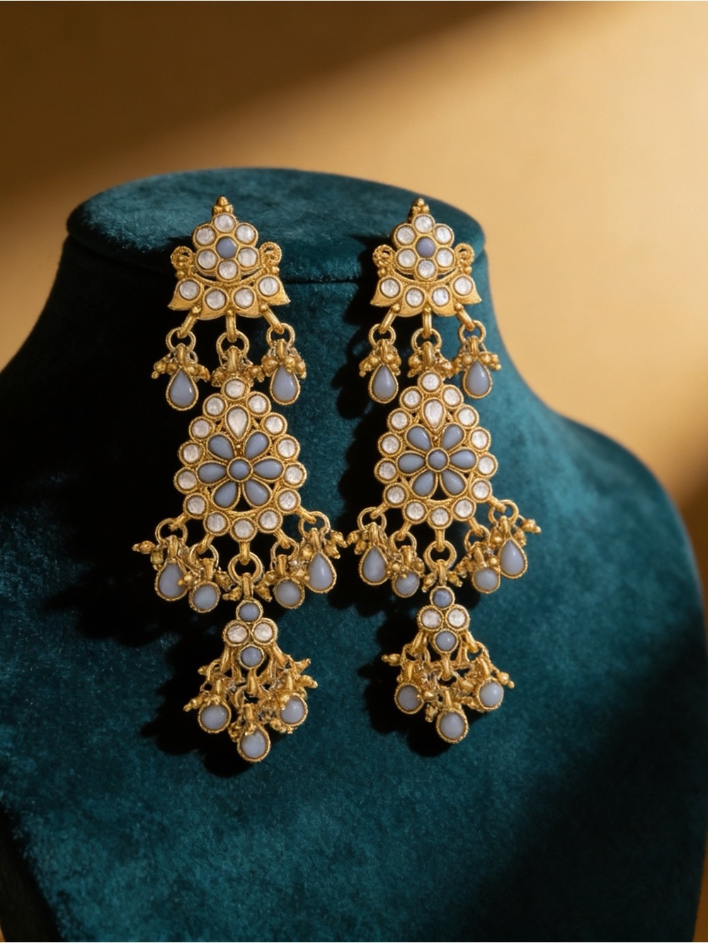 Gold Plated Kundan Polki Blue Dangler Earrings Indian Bridal Jewelry